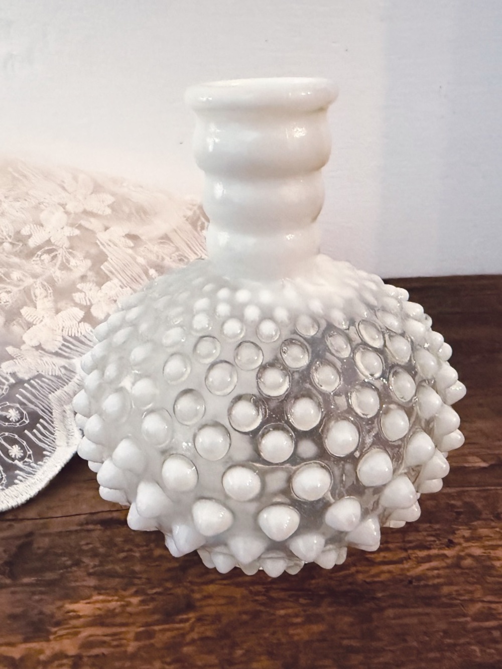 Fenton White Opalescent Hobnail Bottle